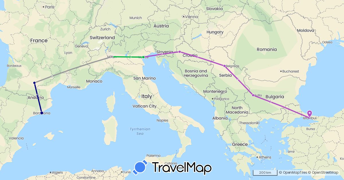 TravelMap itinerary: driving, bus, plane, train in Bulgaria, Spain, France, Croatia, Italy, Serbia, Turkey (Asia, Europe)
